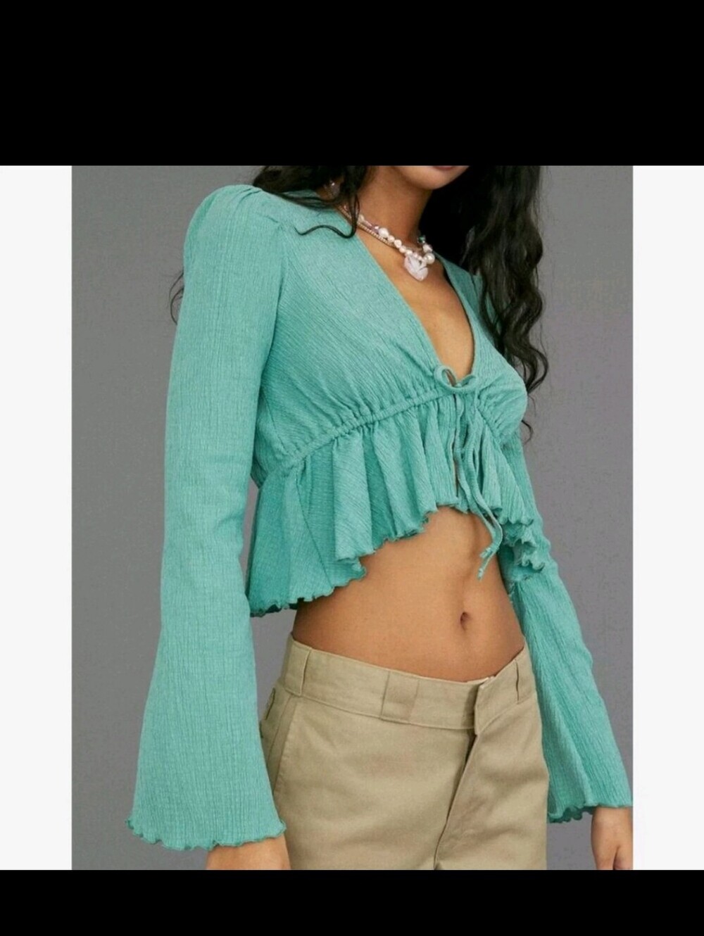 Urban Outfitters Lucielle Ruffle Mint Blue Green Tie-Front Crop Top Size L